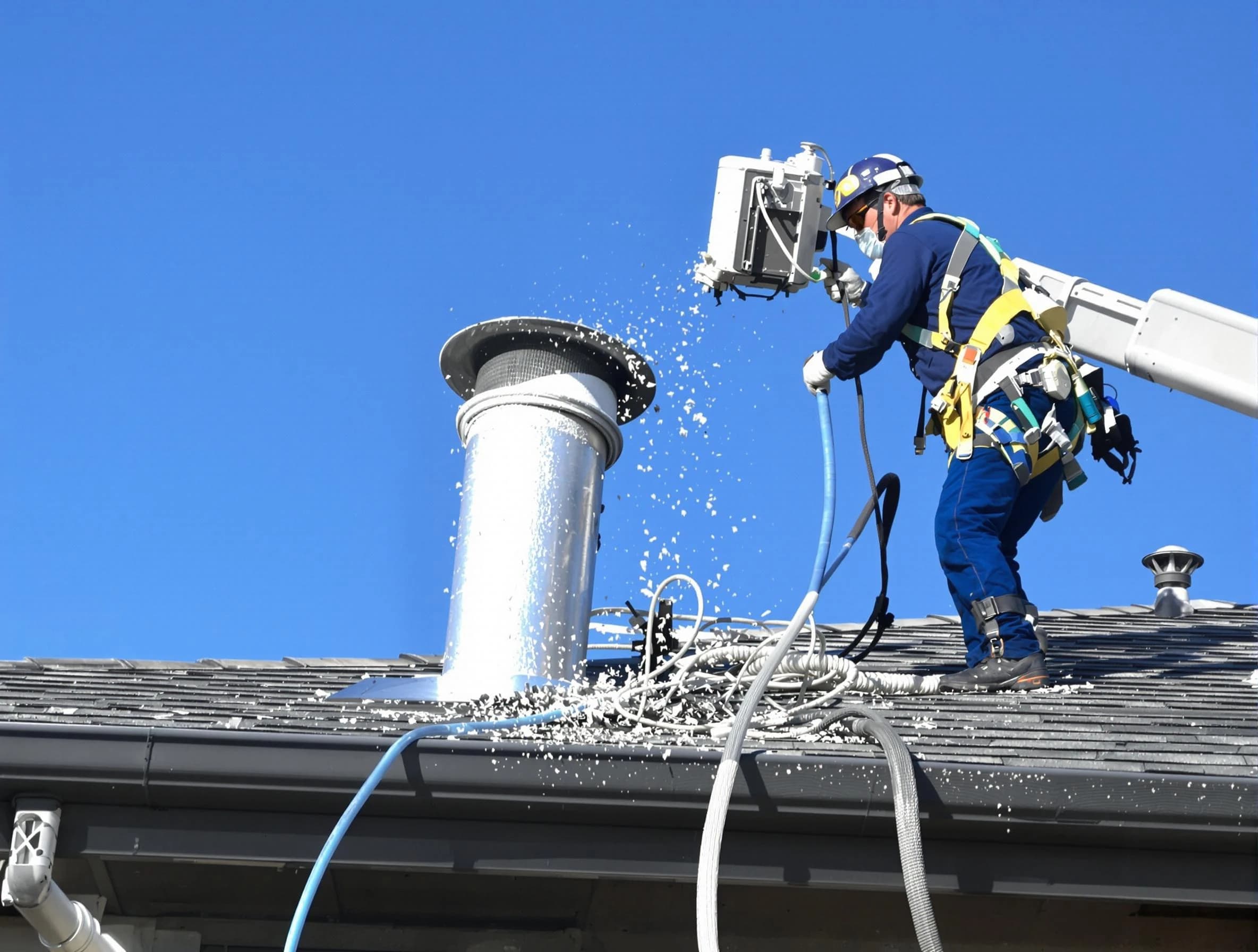 McLoud Dryer Vent Cleaning certified technician safely cleaning a roof-mounted dryer vent in McLoud