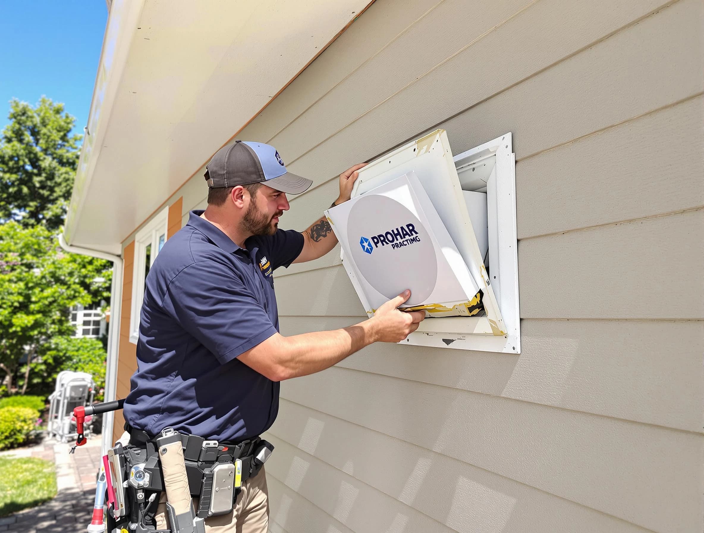 McLoud Dryer Vent Cleaning technician installing a new protective dryer vent cover on a home in McLoud