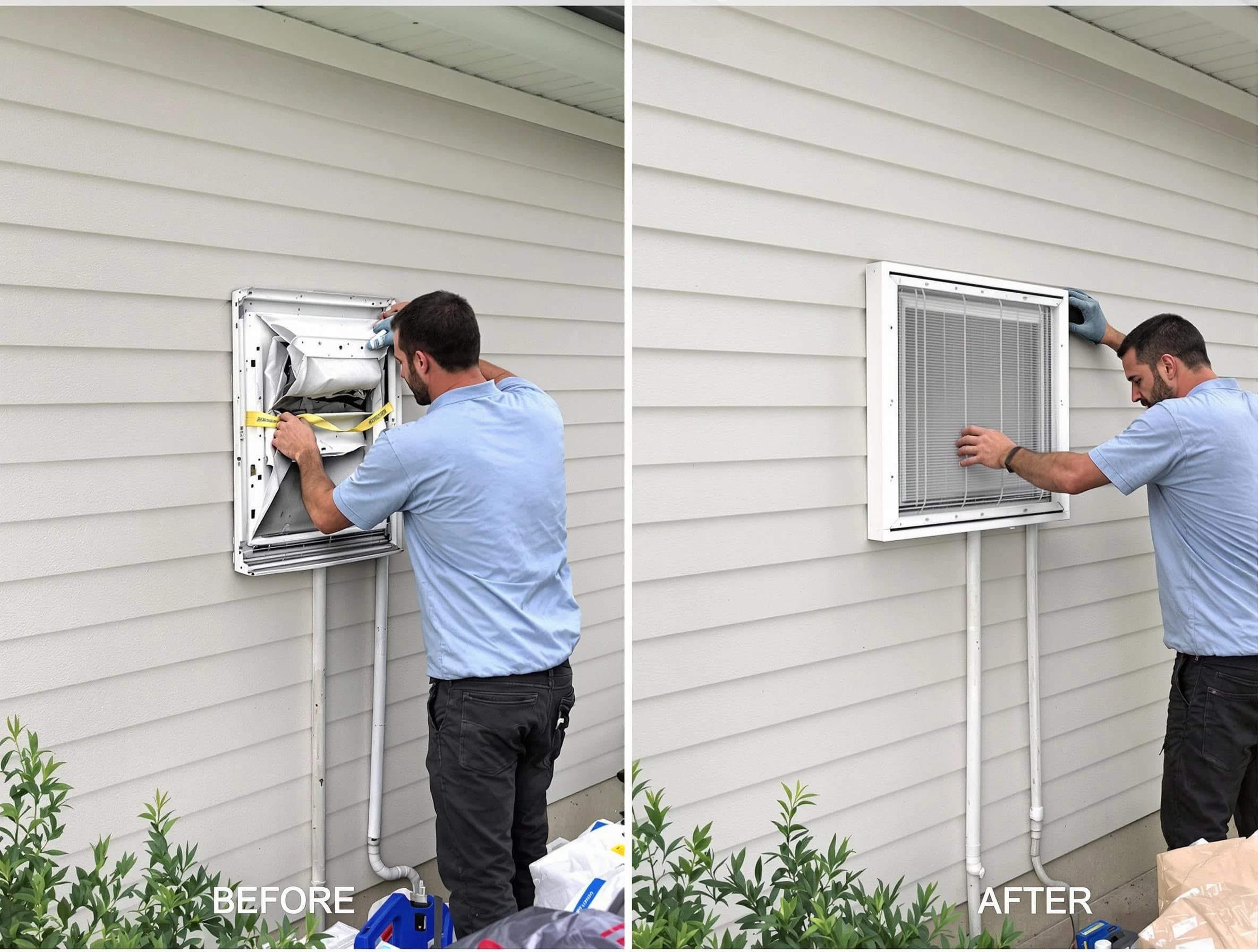 McLoud Dryer Vent Cleaning technician installing high-quality dryer vent cover at a residential property in McLoud